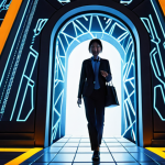 An inspiring image of a Japanese professional (male or female) confidently stepping through a glowing portal or opening a futuristic door, holding a "情報処理技術者資格" (Information Processing Engineer Certification) certificate. Beyond the portal, a dynamic IT landscape unfolds, featuring shimmering code, interconnected networks, and various professional silhouettes representing diverse IT careers. The scene symbolizes career breakthrough, new opportunities, and the power of certification to unlock future paths in the digital world. Vibrant, optimistic, modern style.