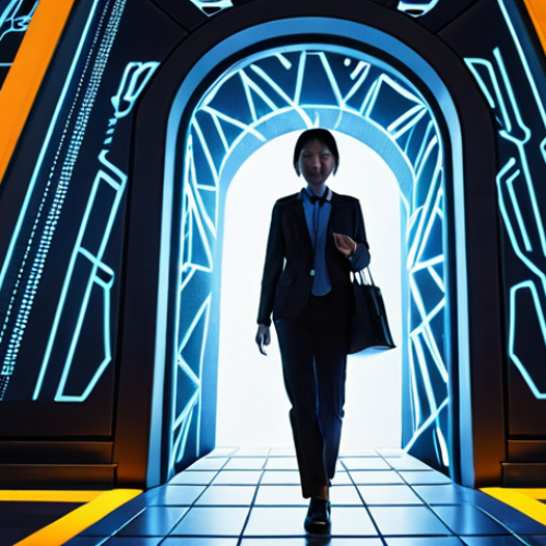 An inspiring image of a Japanese professional (male or female) confidently stepping through a glowing portal or opening a futuristic door, holding a "情報処理技術者資格" (Information Processing Engineer Certification) certificate. Beyond the portal, a dynamic IT landscape unfolds, featuring shimmering code, interconnected networks, and various professional silhouettes representing diverse IT careers. The scene symbolizes career breakthrough, new opportunities, and the power of certification to unlock future paths in the digital world. Vibrant, optimistic, modern style.
