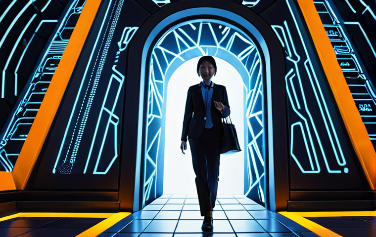 An inspiring image of a Japanese professional (male or female) confidently stepping through a glowing portal or opening a futuristic door, holding a "情報処理技術者資格" (Information Processing Engineer Certification) certificate. Beyond the portal, a dynamic IT landscape unfolds, featuring shimmering code, interconnected networks, and various professional silhouettes representing diverse IT careers. The scene symbolizes career breakthrough, new opportunities, and the power of certification to unlock future paths in the digital world. Vibrant, optimistic, modern style.