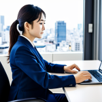 **

A professional Japanese businesswoman in a modest, tailored navy blue business suit, sitting at a clean, modern desk in a bright, open-plan office. She is working on a laptop. Background shows blurred Tokyo cityscape. Fully clothed, appropriate attire, safe for work, perfect anatomy, natural proportions, professional, family-friendly, high quality, well-formed hands, proper finger count, natural body proportions.

**