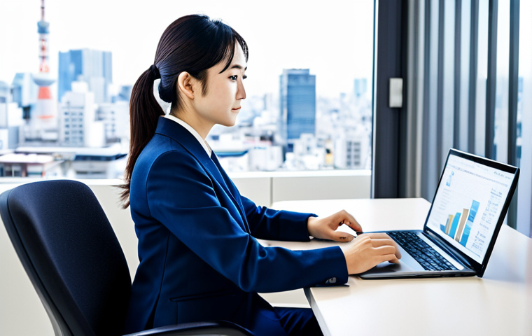 **

A professional Japanese businesswoman in a modest, tailored navy blue business suit, sitting at a clean, modern desk in a bright, open-plan office. She is working on a laptop. Background shows blurred Tokyo cityscape. Fully clothed, appropriate attire, safe for work, perfect anatomy, natural proportions, professional, family-friendly, high quality, well-formed hands, proper finger count, natural body proportions.

**