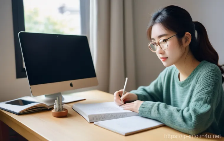 정보처리 자격증으로 경력 전환에 성공한 사례 - **Prompt:** A determined young Japanese woman, in her late 20s, sits at a clean, modern desk in her ...