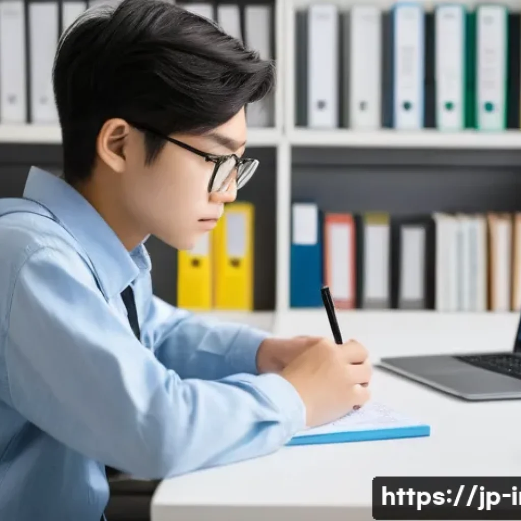 정보처리 실기 시험 대비 사례별 분석법 - A focused Japanese student sitting at a modern desk in a bright, minimalist study room, surrounded b...
