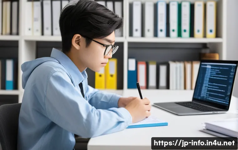 정보처리 실기 시험 대비 사례별 분석법 - A focused Japanese student sitting at a modern desk in a bright, minimalist study room, surrounded b...