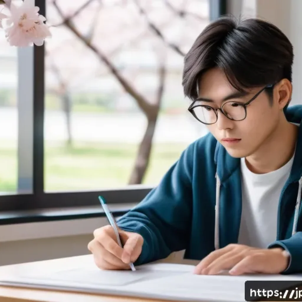 정보처리 실기 시험의 효율적인 시간 관리법 - A calm Japanese young adult student sitting at a clean desk in a bright, modern study room, wearing ...