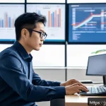 정보처리기사와 관련된 최신 IT 기술 트렌드 - A modern Japanese IT professional in a sleek office setting, studying multiple cloud computing platf...