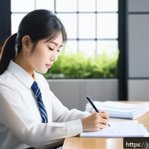 정보처리 실기 시험에서 많이 실수하는 영역 - A focused Japanese young professional woman sitting at a tidy desk in a modern office, carefully rea...