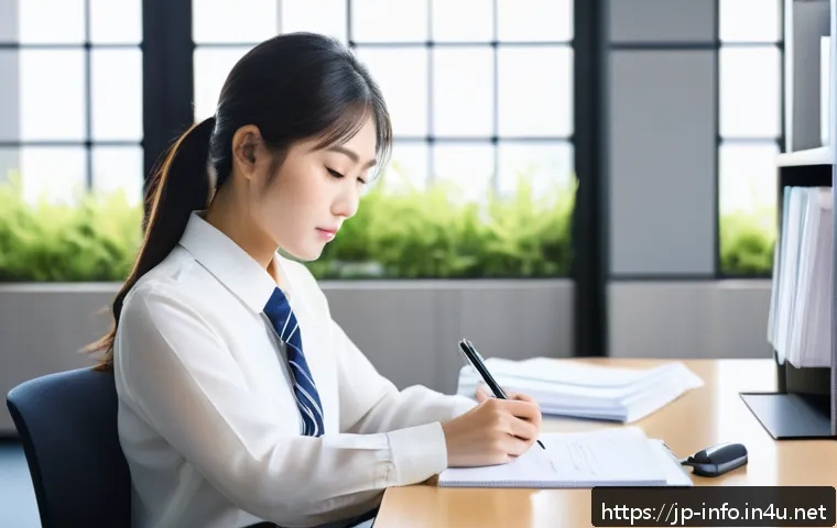 정보처리 실기 시험에서 많이 실수하는 영역 - A focused Japanese young professional woman sitting at a tidy desk in a modern office, carefully rea...