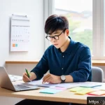 정보처리 실기 과목 학습 중점 내용 정리 - A focused Japanese young adult studying efficiently at a modern desk, with a detailed calendar and c...