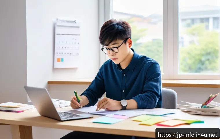 정보처리 실기 과목 학습 중점 내용 정리 - A focused Japanese young adult studying efficiently at a modern desk, with a detailed calendar and c...