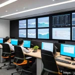 정보처리기사 실무에서 경험한 업무 사례 - A modern Japanese office setting where a diverse team of IT professionals collaboratively analyzes c...