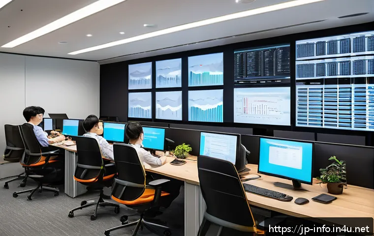 정보처리기사 실무에서 경험한 업무 사례 - A modern Japanese office setting where a diverse team of IT professionals collaboratively analyzes c...