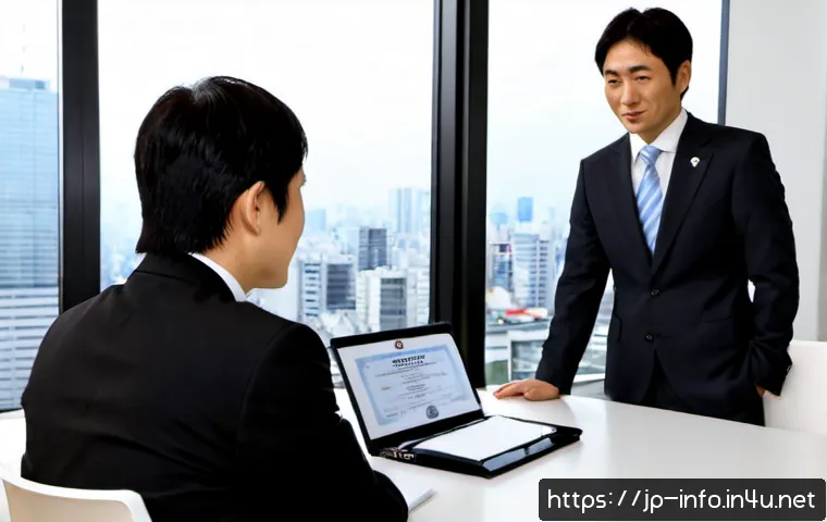 정보처리 자격증 취득 후 연봉 협상 경험담 - Photorealistic Japanese IT professional in a smart business suit confidently discussing a salary off...