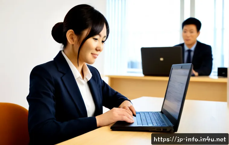 정보처리기사 취득 후 커리어 전환 성공 사례 - Photorealistic career transition success scene, a confident Japanese professional in their late 30s ...